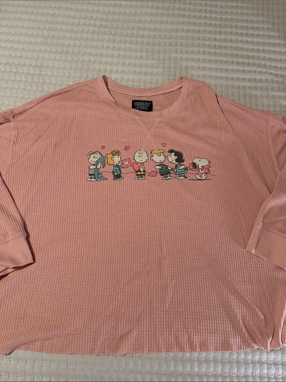 Peanuts Pink Waffle-Knit Crewneck with Character Lineup size2